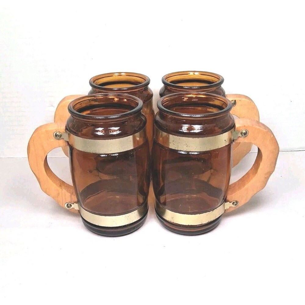 Vintage Amber Glass Beer Mugs Wood Handle Set Of 4 Saloon Mancave